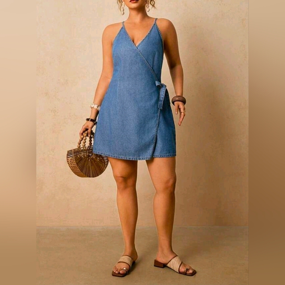 New Boho Denim Wrap Tie Short Cami Dress PLUS Blue